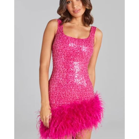 NADINE MERABI Dresses & Skirts - NADINE MERABI Hot Pink Evie Sequin Feather Trim Mini Dress Sz 6 Small Prom